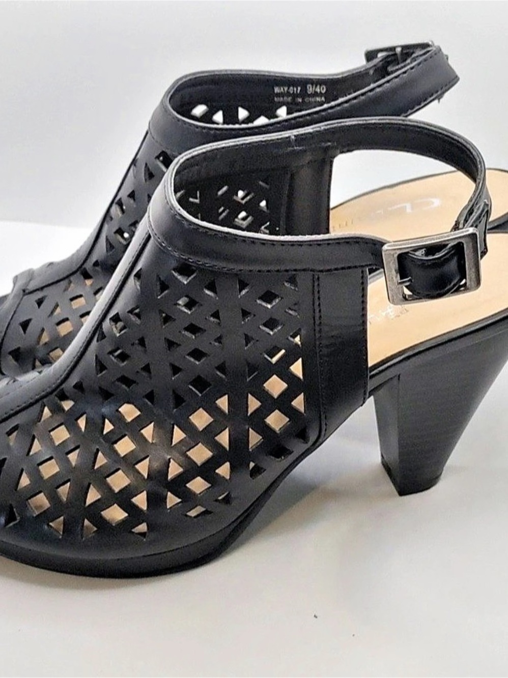 CL by Laundry Wishes Ankle Buckle Black Geometric Cutout Heels